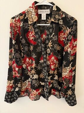 Jones Wear Floral Blouse Size 6 Y2K Snap Front Black Red Top